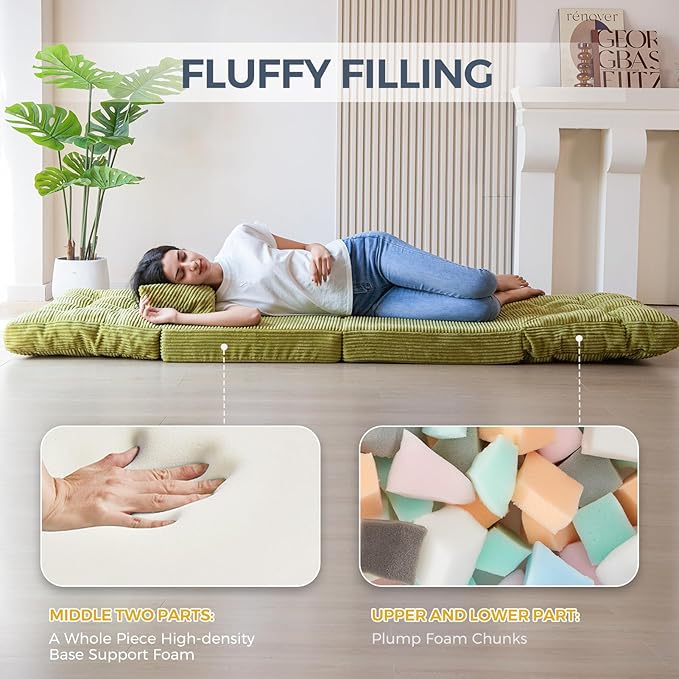 MAXYOYO Folding Sofa Bed, Tufted Bean Bag Bed with Pillows Floor Mattress for Adults, Extra Thick and Long Floor Sofa, Single Couch for Bedroom Living Room, Green, 30x91 Inch
