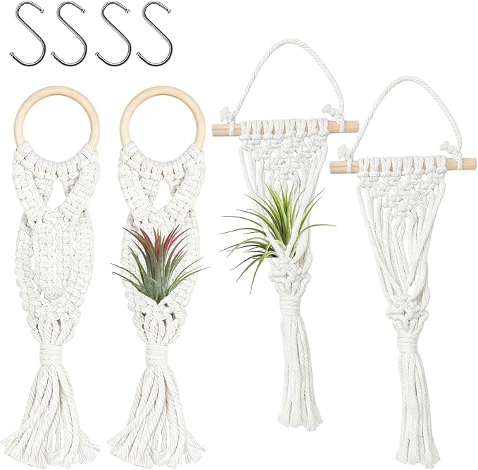 Belit 4 Pack Air Plants Holders, Wall Hanging Air Fern Stand, Macrame Plant Hanger with 4 Hooks for Home Decoration (NO Plant Included)