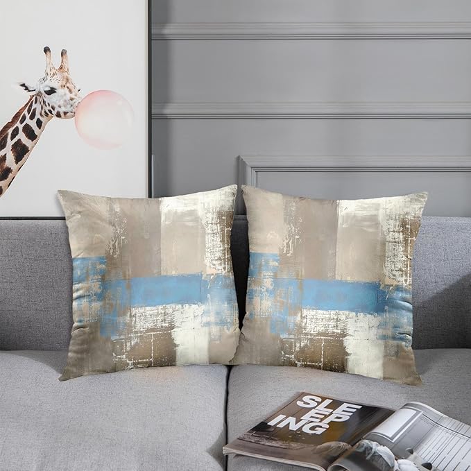 Britimes Throw Pillow Covers Modern Home Art Decor, 18 x 18 Inches Set of 2 Abstract Oil Painting Pillowcases for Bedroom, Living Room, Cushion Couch Sofa, Abstract Grey Blue Brown