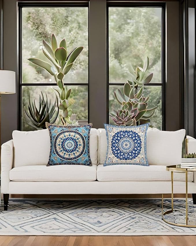 Jartinle Navy Mandala Pattern Throw Pillow Covers 18x18 Set of 4 Boho Accents Decorative Throw Pillows for Couch, Sofa, Outdoor Patio Bohemian Decor
