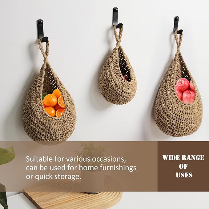 Hanging Fruit Large Basket Set of 3, Boho Wall Hanging Storage Basket for Organizing, Handmade Teardrop Hammock Holder for Fruit Vegetable in Home & Restaurant Kitchen with Hooks,Light Linen