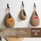 Hanging Fruit Basket Set of 3, Boho Wall Hanging Storage Jute Basket for Organizing & Decor, Handmade Teardrop Hammock Holder for Onion Fruit Vegetable in Home & Restaurant Kitchen with Hooks