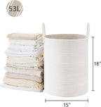 VIPOSCO Large Laundry Hamper, Tall Woven Rope Storage Basket for Blanket, Toys, Dirty Clothes in Living Room, Bathroom, Bedroom - 53L White