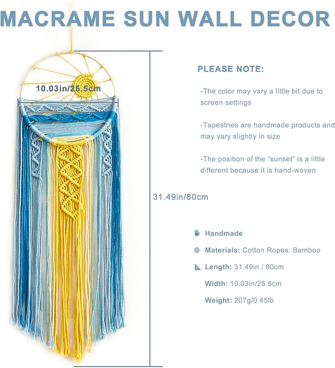 Artilady Mcrame Blue Sun Wall Decor- Boho Wall Hanging Tapestry Sunset Wall Art, Boho Woven Tapestries Big Dream Catcher Colorful Decor for Bedroom Living Room Nursery (Blue Sunset)