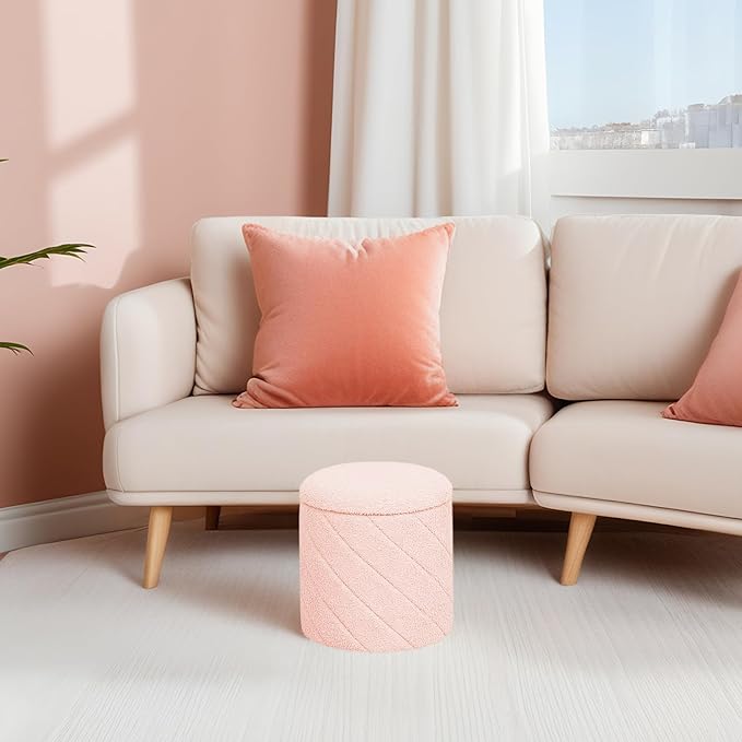 B FSOBEIIALEO Ottoman with Stroage, Boucle Round Storage Ottoman with Tray,Foot Rest Stool for Dorm Room, Living Room Pink, 12.99"x12.99"x13.78"