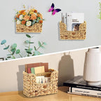 Woven Hanging Magazine Holder, Natural Water Hyacinth Wall Mounted Basket for Books, Files & Magazines, Organizer Rack with Handle (Water Hyacinth, 11.8″ x 4.3″ x 7.9″)