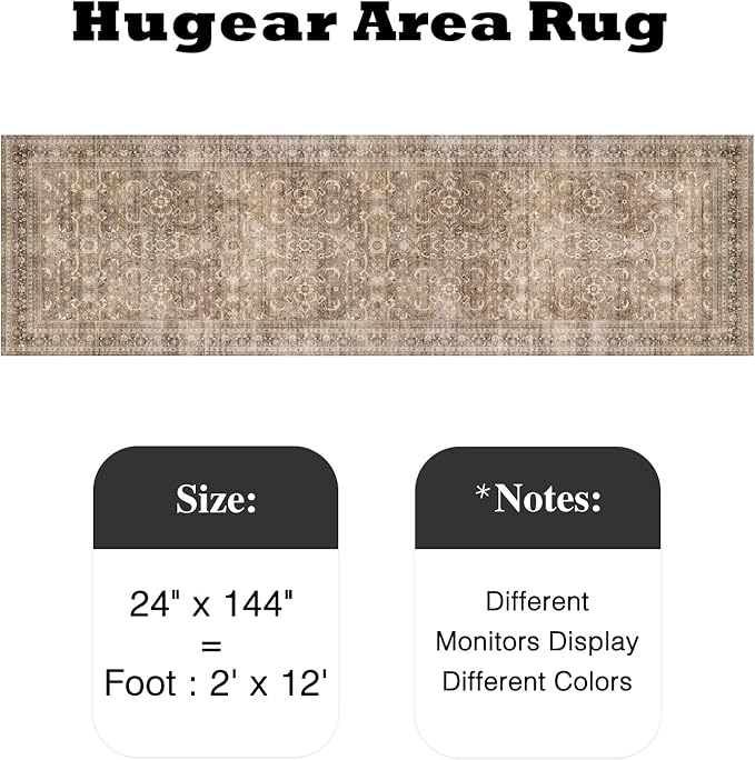 HUGEAR 2x12 Runner Rug Hallway Vintage Brown Machine Washable Retro Floral Low Pile Carpet Vacuumable Distressed Long Throw Rug Bedroom Office Bathroom Kitchen Laundry Non Slip Soft Lightweight