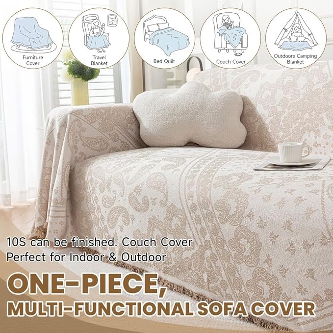 ROOMLIFE Beige Couch Covers for Sofa, Sofa Covers Washable Non Slip Furniture Protector Couch Sofa Covers for 3 Cushion Couch, Breathable Sofa Slipcovers Couch Cover Blanket with Tassels 71" X 118"