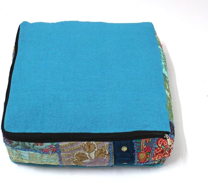 Mam Treasures Indian Bohemian Decorative Pillow Vintage Cushion Cover Patchwork Square Floor Pillow Cover Meditation Cushion Large Floor Pillow Indian Cushion (Light Blue, 18 X 18 X 5 Inch)