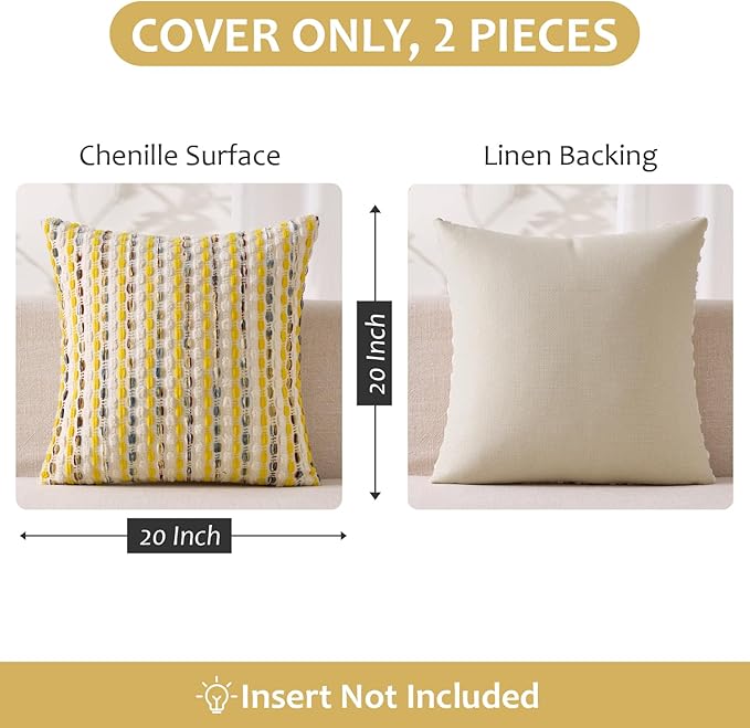 ANRODUO Boho Chenille Textured Tufted Pillow Covers 20x20 Inch Set of 2 Woven Decorative Throw Pillow Covers with Raised Stripes Accent Neutral Pillowcase for Couch Sofa Bed Living Room, Yellow Cream