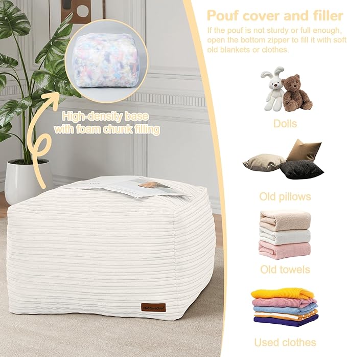 MeMoreCool Square Stuffed Pouf Ottoman Foot Rest, Stripe Furry Floor Pouf Foot Stool with Foam Chunk Filling, Soft Fluffy Stuffed Ottoman Footrest for Living Room, Corduroy Beige