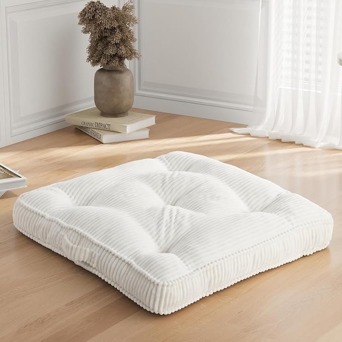 Floor Pillow, 22x22 Tufted Floor Cushion for Adults, Square Large Meditation Cushion Pillow, Corduroy Sitting with Handle, Yoga Seating for Tatami, Beige, 1Pack
