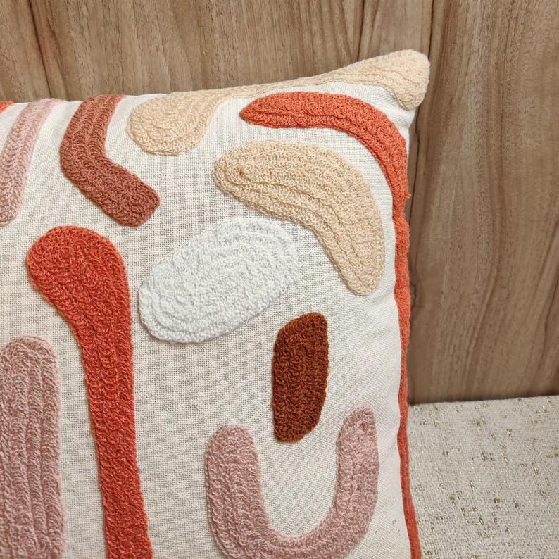 Boho Abstract Tufted Throw Pillow Cover, Neutral Terracotta Blush Pink Beige Embroidery Cushion Cover, Modern Abstract Art Decorative Pillowcase for Sofa Couch Living Room Bedroom, 18x18 Inch (Pillow