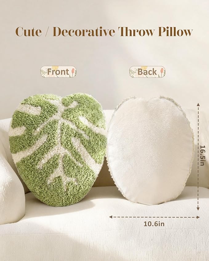 Leaf Shaped Throw Pillow - Cute Plush Plant Pillow for Couch, Sofa, or Living Room, 16.5" x 10.6" Green Monstera Decorative Cushion for Home Decor