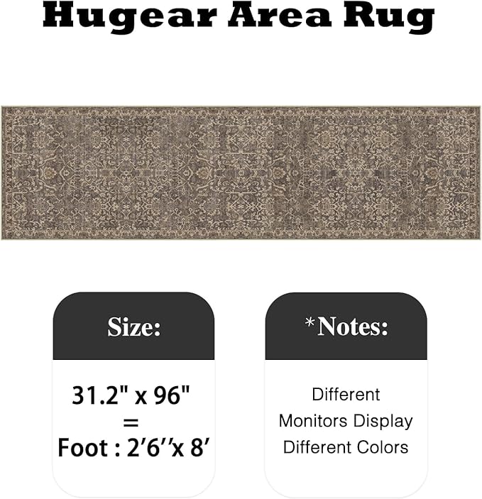 HUGEAR 2'6''x8 Runner Rug Machine Washable Retro Brown Hallway Area Rug Indoor Vintage Rugs Floral Low Pile Carpet Soft Throw Rugs Bedroom Living Room Office Dining Kitchen Laundry Non Slip