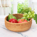 2 PCS Handmade Round Rattan Bread Baskets - 9.06 x 3.54 Inch Round Wicker Bread & Fruit Serving Basket, Natural Woven Storage Basket Bowls for Home & Kitchen