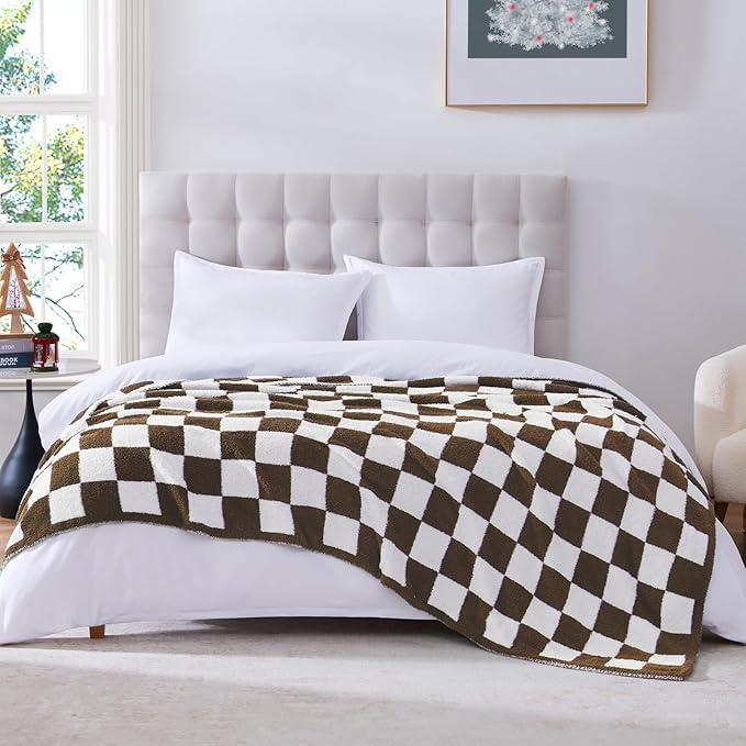 WRENSONGE Checkered Throw Blanket, Coffee Soft Cozy Fluffy Warm Hand Made Throw Blankets for Couch, Sofa, Chair, Bed, Camping, Picnic, Travel Lightweight Bed Blanket - 50"*70"