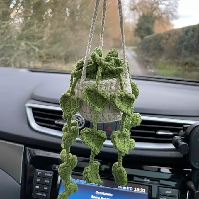 Crochet Hanging Plant for Car, Cute Car Plant Accessories, Knitted Plant Car Mirror Hanger, Boho Car Plant Crochet Hanging Basket (H)