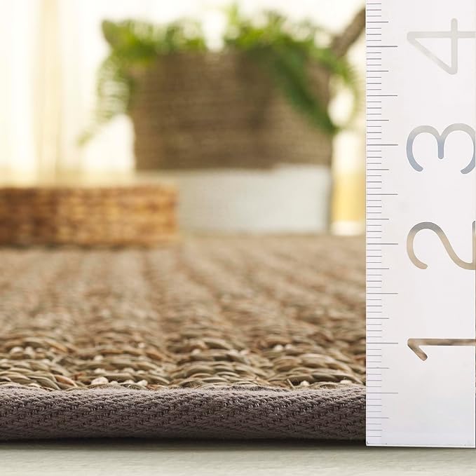 SAFAVIEH Area Rug 9' Square - Natural Fiber Collection - Natural & Grey, Seagrass, Basketweave Pattern with Border (NF114P)