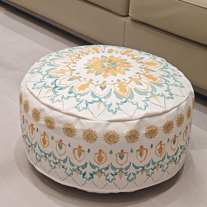 MOCOFO Round Bohemian Ottoman Pouf Cover, 18 Inch, Cotton Blend, Church Window Print, Living Room Storage Footrest, Cover Only (Light Tie-dye Cyan)