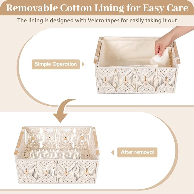 ANMINY 3PCS Macrame Storage Baskets for Organizing Boho Decor Baskets Storage Bins with Wood Handles & Beads Handmade Decorative Storage Boxes with Removable Liner Toilet Tank Bathroom Self Basket