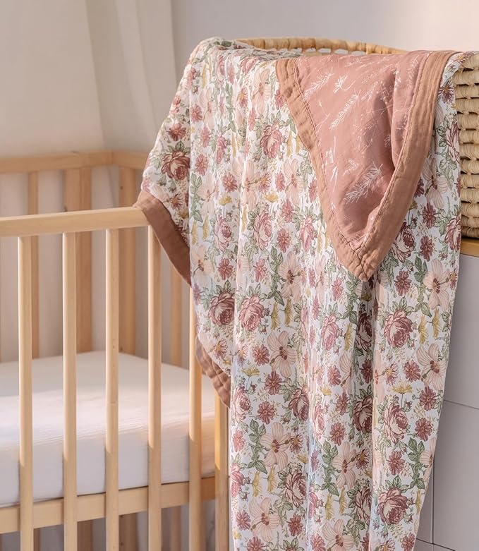 Little Jump Boho Vintage Floral Muslin Blanket Baby Quilt - Silky Soft and Breathable Crib Blanket for Daycare - Large 47" x 47" - 2 Layers Toddler Summer Blankets for Girls (Vintage Floral-2)