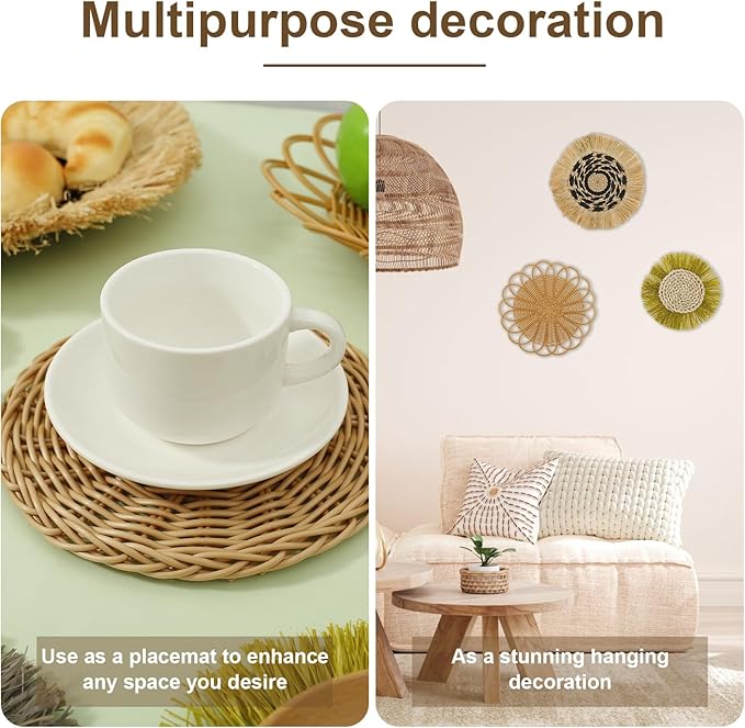 7Pack Boho Wall Basket Set Hanging Woven Wall Basket Decor Rattan Flat Round Wicker Wall Art Set Round Wall Art for Living Room Kitchen Office Bathroom Dining Room (Style 5)