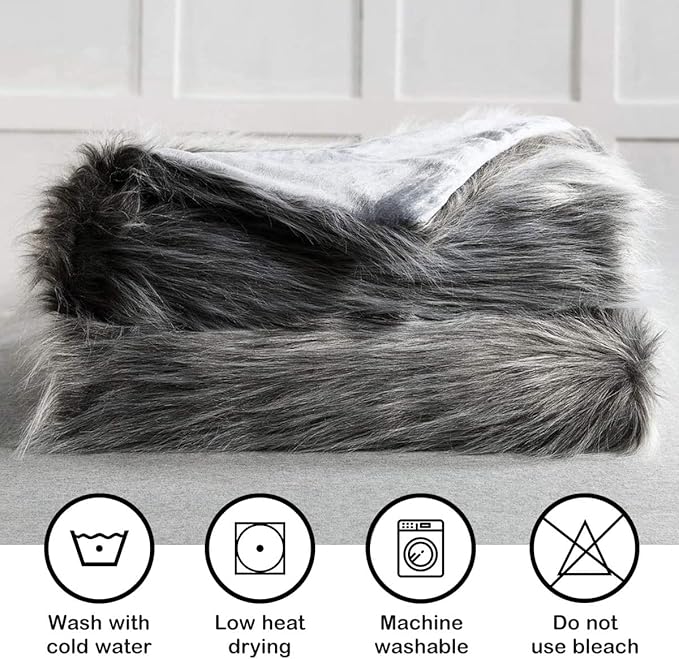 Luxury Faux Fur Throw Blanket, Grey and Black High Pile Mixed Throw Blanket, Super Warm, Fuzzy, Elegant, Fluffy Decoration Blanket Scarf for Sofa, Couch and Bed, 50''x 60''