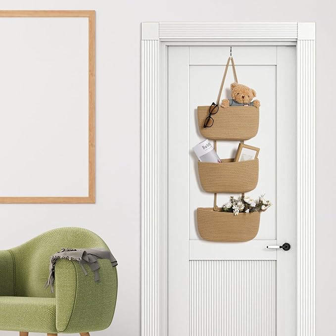 ANTIS'S HOME Over The Door Organizer Hanging Basket, 3-Tier Woven Cotton Wall-Mounted Nursery Storage Organizer Bag Boho Decorative Hanging Nursery Baskets for Living Room Bedroom - Honey