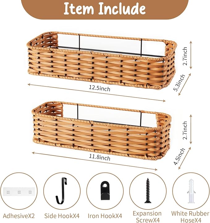 Hanging Wall Basket, Adhesive Wall-Mounted Organizer for Storage, 2-Pack Plastic Wicker Woven Storage Shelves for Kitchen Cabinets, Bathroom, Pantry, Brown Color
