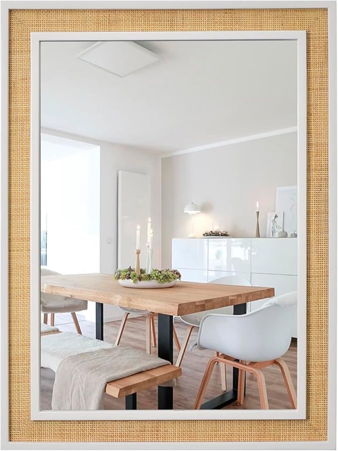Rectangle Rattan Mirror, 20"x28" Rattan Wall Mirror, Farmhouse Wooden Vanity Mirror with Handmade Wicker Frame, Decorative Boho Mirror for Nursery Bedroom Living Room Entryway White