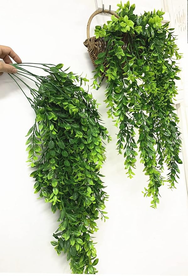 Artificial Hanging Vines, Faux Ivy Green Leaves Vine Plastic Chain Foliage Rattan Willow Plants Fake Greenery Leaf Garland UV Resistant for Indoor Outdoor Garden Door Wall Wedding Decoration 2 Pack