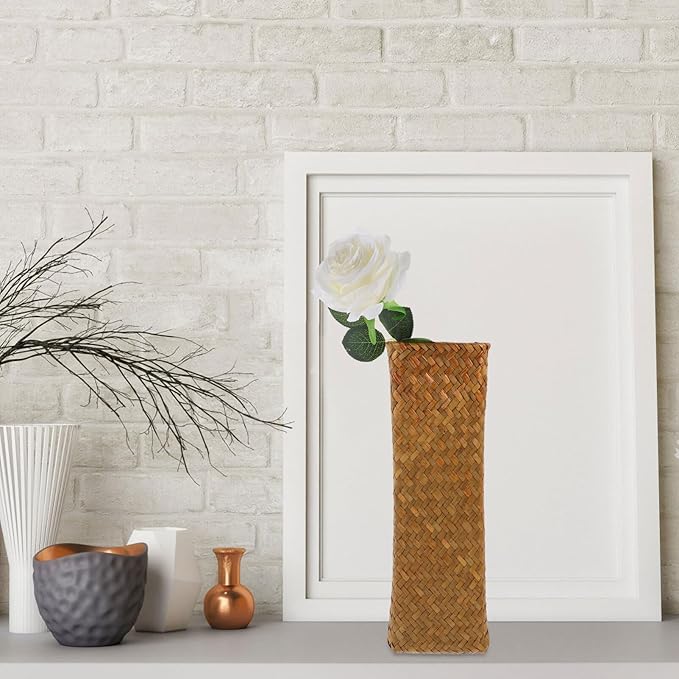 Natural Seaweed Weave Basket Handmade Rattan Vase Tall Plant Holder Container Bamboo Weaving Vase Flower Arranger Dried Flower Boho Home Decoration 11inch A