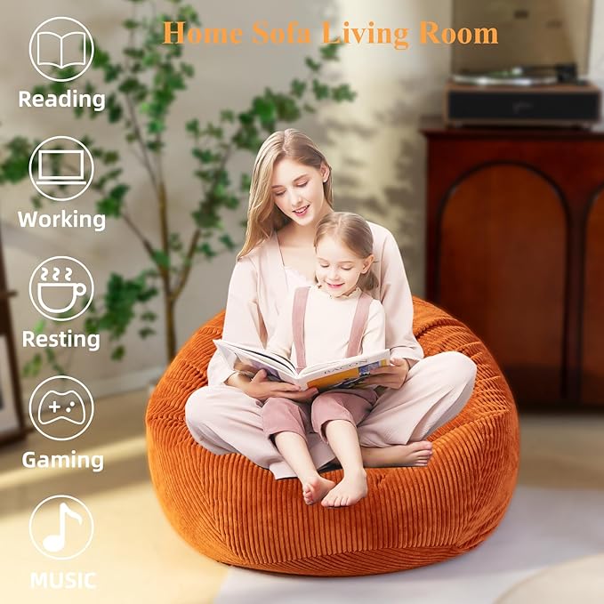 Stuffed Animal Storage Bean Bag Chair Cover, Cover Only (No Filler), Corduroy Toy Organizer Floor Cushion Seat, 48 in/120 cm Slipcover for Teens & Adults,Khaki