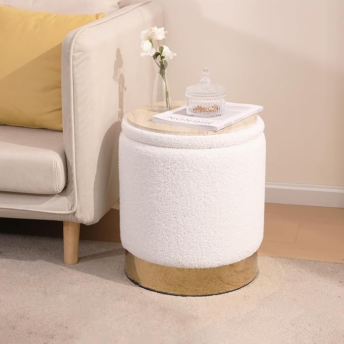 Sherpa Round Ottoman Set of 2 with Hidden Storage, 12 Gallon Capacity - Multi-Functional Stool for Living Room, Footrest, Coffee Table, Sturdy 300lb Capacity, White, No Assembly Required