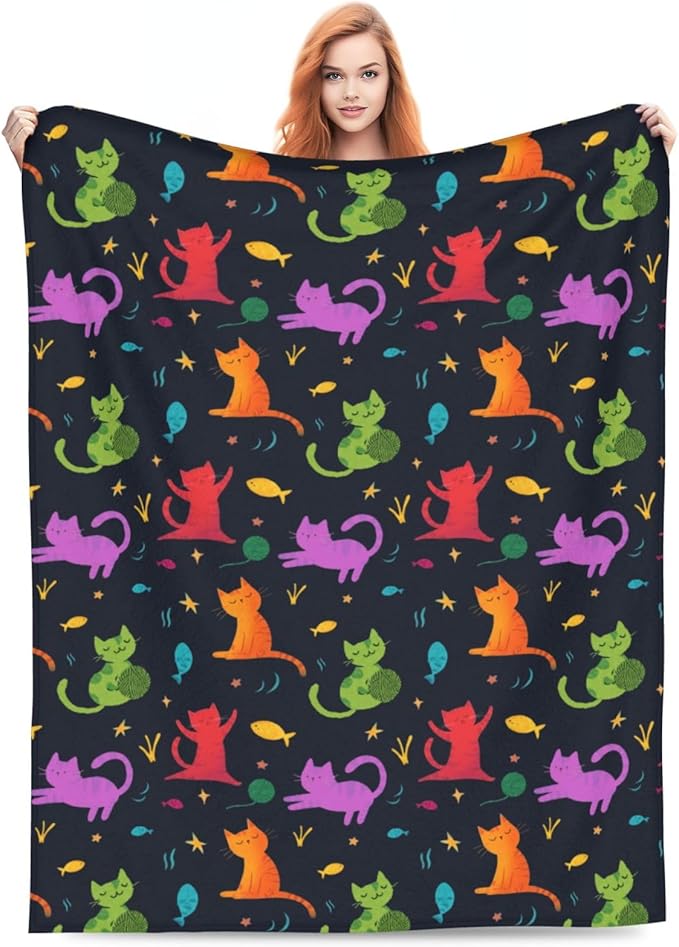 Colorful Cat Throw Blanket Soft Flannel Blanket 60"x50" in Bed Blanket Home Decor for Room Sofa Couch All Season
