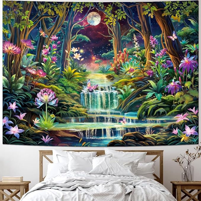 Leofanger Blacklight Fantasy Forest Tapestry Aesthetic Moon Tapestry UV Reactive Neon Galaxy Space Wall Tapestries Trippy Plant Floral Tapestries Wall Hanging for Home Decor(51.2"x59.1")