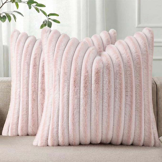 Pallene Faux Fur Plush Throw Pillow Covers 18x18 Set of 2, Luxury Soft Fluffy Striped Decorative Pillow Covers for Sofa, Couch, Living Room, Ombre Pink