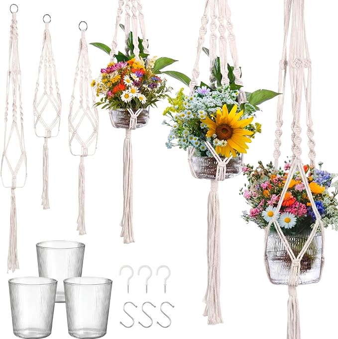 3 Pcs Plastic Plant Propagation with Boho Macrame Hanger Wall Plant Propagation Station Hanging Holder Include Hooks Kit for Indoor Home Garden Office Decor 3 Size, Beige