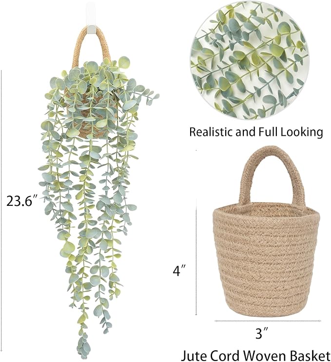 Fake Hanging Plant Decor Indoor, Eucalyptus Artificial Faux Plants in Wall Woven Planters, Jute Hanger with Black Pot Soft Green 1PCS 23Inch Long