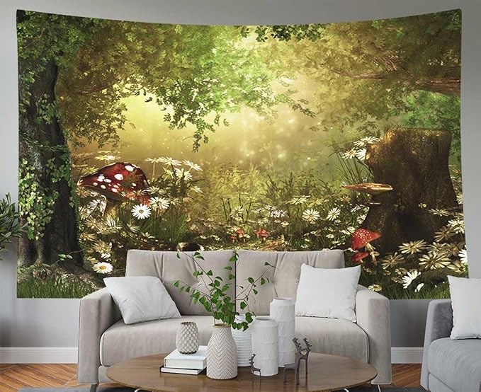 EMMTEEY Forest Tapestry Tree Tapestry Charming Fairy Tale Woodland Daisies Tapestry 60X40 Tapestry Bedroom Tapestry, Green Fantasy