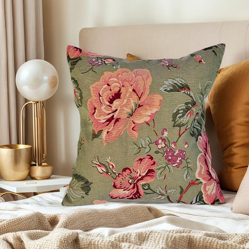 Jacquard Woven Floral Pillow Cover | Vintage Style Botanical Tapestry Cushion Case for Sofa Couch Bed Decor | Country Cottagecore Home Accent Throw Pillow Sham 18x18 Inch (Florals on Green Background) - color: Florals on Green Background