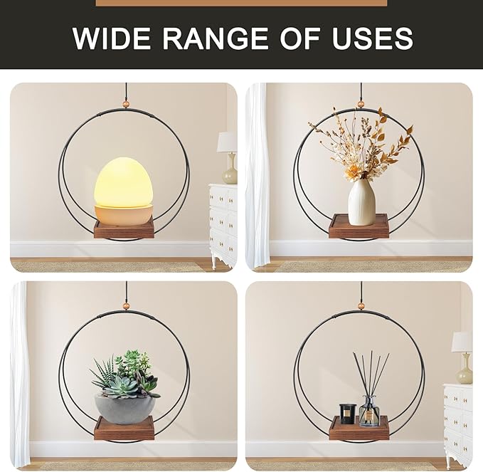 Hanging Plant Holder Indoor, Modern Boho Hanging Planter with Sturdy Wood Base, Unique Ceiling Plant Hangers for Indoor Plants, Ceiling Window Wall Home Decor (Black, Fit 3-5.5inch Pot)