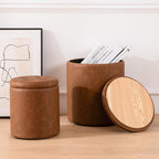 Round Ottoman with Storage Set of 2, 12.6"W x 14.17"H & 14.76"W x 17.32"H Faux Leather Button Tufted Storage Ottoman, Boucle Vanity Stool Footrest Coffee Table for Living Room, Bedroom, Brown