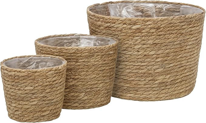 Set of 3 Woven Seagrass Planter Baskets – Handwoven Decorative Storage Baskets for Indoor Plants, Boho Home Decor, Living Room & Entryway Display – No Handle Design