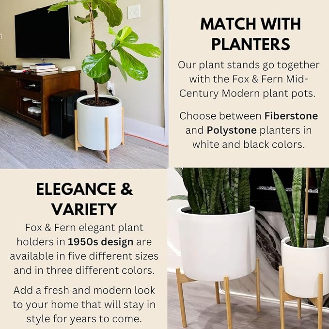 Fox & Fern Bamboo Plant Stand — 14.9 Inch Fixed Size Wooden Mid Century Planter Stand for Indoor Plants (Not Included) - Extra Large Flower Pot Holder for Indoor Big Pots - Plug In Design - Bamboo