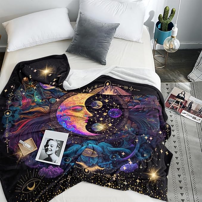 Black Purple Moon Star Throw Blanket Celestial Chair Recliner Cover Bed Spread, Double Sided Sofa Couch Furniture Aesthetic Throw for Room Decor Gifts 40"x50"