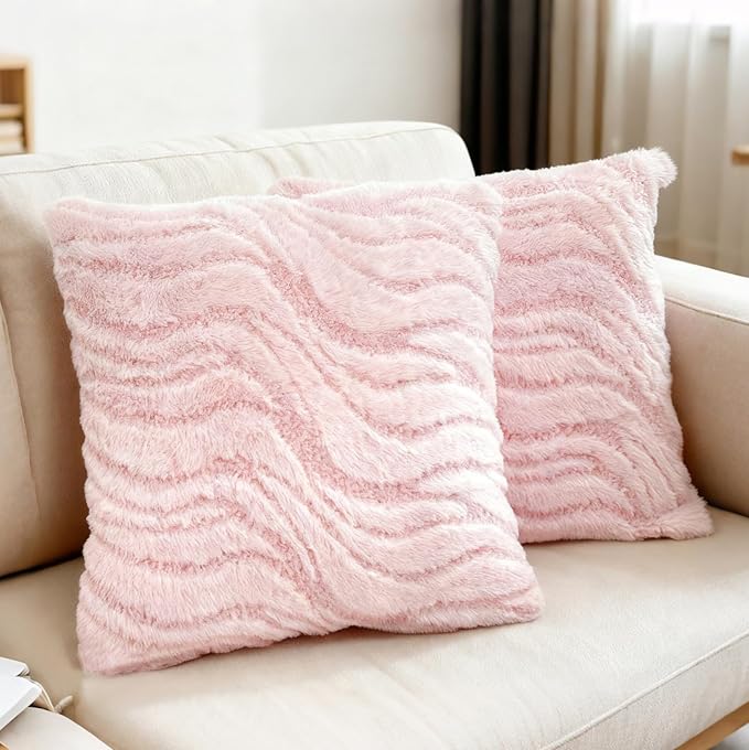 Pink Pillow Covers 18" x 18" Faux Fur Striped Decorative Pillow Covers for Couch Boho Fluffy Blush Throw Pillow Covers for Sofa Outdoor Bed Chair Livingroom - 2 Pieces