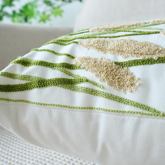 vctops Farmhouse Pampas Grass Cotton Tufted Throw Pillow Cover Boho Embroidery Pillowcase Soft Square Cushion Case for Sofa Couch Bed Chair (Khaki,18"x18")