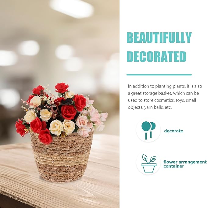 Veemoon Woven Plant Basket for Indoor Plants, Handwoven Seagrass Flower Planter with 18cm Diameter, Rustic Boho Style Decorative Pot for Home and Office Greenery